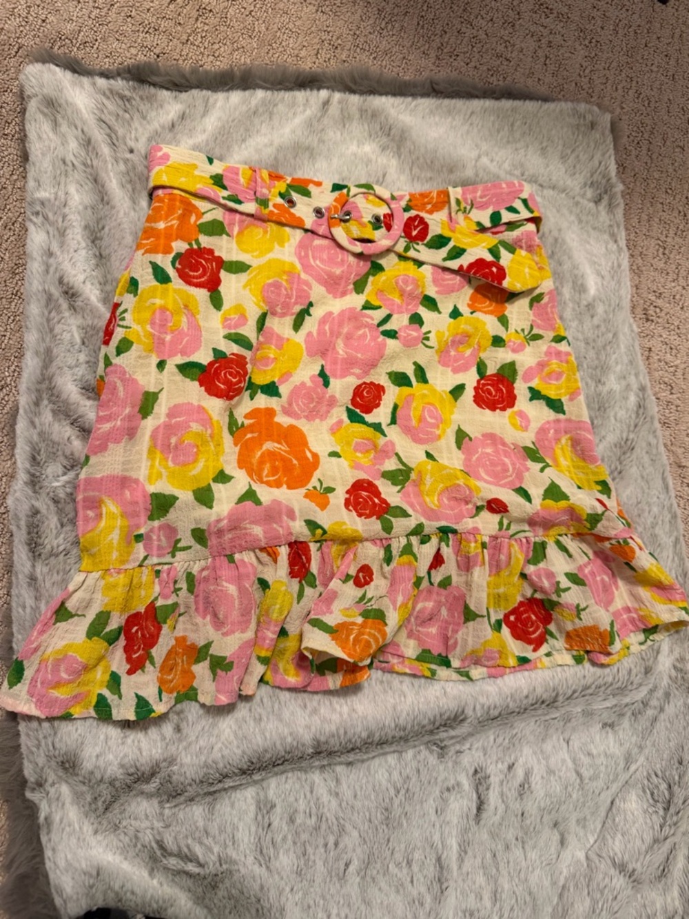 Mango Floral Ruffle Mini Skirt - Pink, Yellow & Red